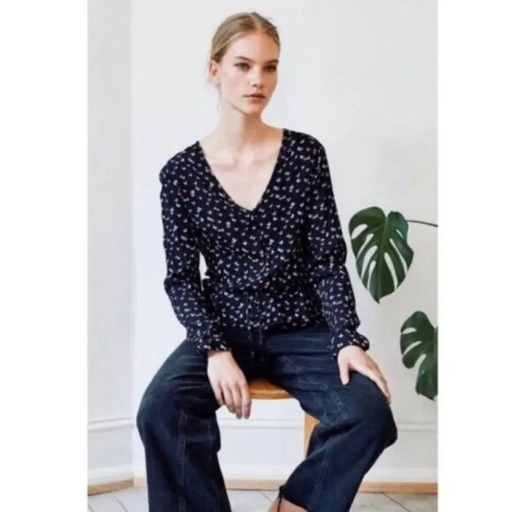 Rails Beaux Mariposa Navy Blue Butterfly Long Sleeve Blouse S